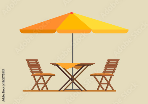 Cafe table and chairs icon illustration. Outdoor dining area, restaurant table, umbrella.