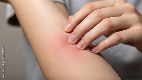 Wallpaper Mural Close-up of a person scratching an irritated red patch on the inner arm showing skin discomfort or allergic reaction Torontodigital.ca