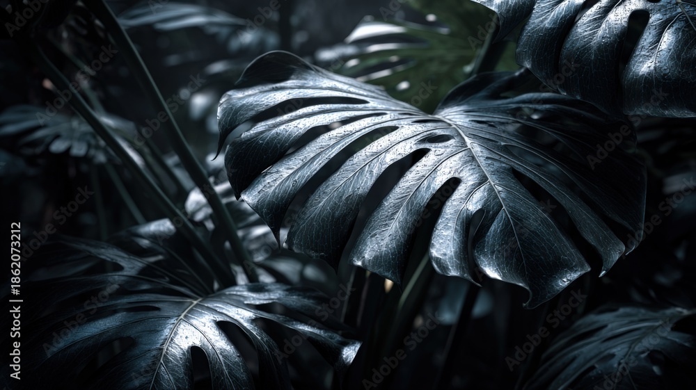 Obraz premium Dramatic Monstera Deliciosa Plant Close-Up: Captivating Botanical Beauty in Deep, Moody Tones, Ideal for Nature-Inspired Designs