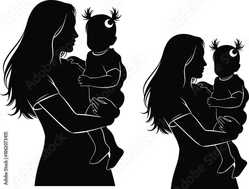 Mother holding baby silhouette illustration, motherhood love, maternal care, parenting bond, childcare concept, family affection, nurturing relationship, infant connection