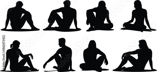 Sitting people silhouettes vector set showing men and women relaxing poses, black yoga, meditation and lifestyle body illustration collection
