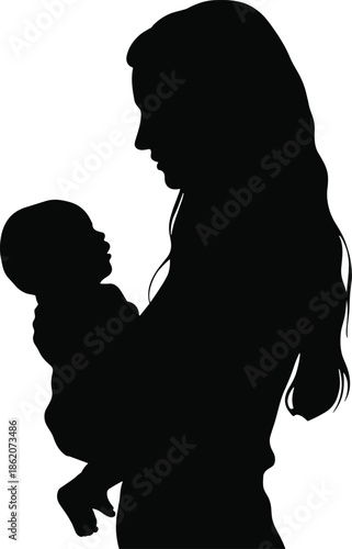 Mother holding baby silhouette, maternal love, nurturing care, intimate bonding, motherhood concept, infant affection, family tenderness, parenting illustration, lifestyle, art
