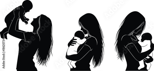 Mother holding baby silhouette set, maternal love, newborn care, motherhood bond, nurturing parenting, family affection, tender moments, illustration, lifestyle, concept