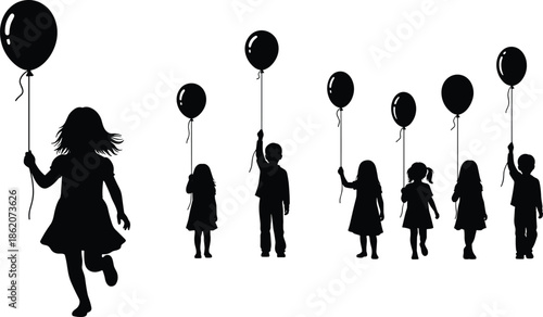 Children with balloons, playful silhouette vector, black and white kids design, childhood joy illustration, outdoor fun, happy moment art