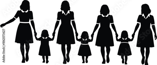 Silhouette illustration of women and children holding hands, family unity, motherhood concept, childcare support, parenting bond, togetherness, protection, love