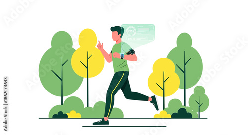A digital illustration of a man jogging outdoors while monitoring fitness data with wearable tech
