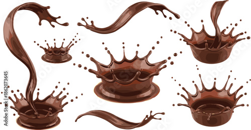 Chocolate splash illustrations, melted chocolate splatter set, realistic cacao liquid effects, dessert splash elements, sweet food design graphics collection