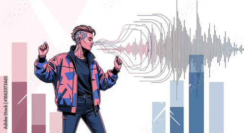 A futuristic fusion: Person with cybernetic enhancements interacting with sound wave analysis