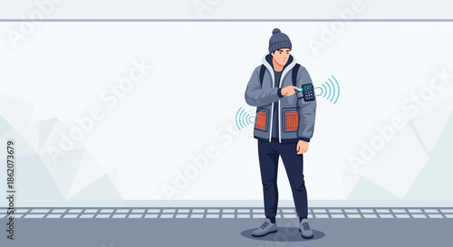 A modern man interacting with wearable technology embedded in his winter outerwear apparel
