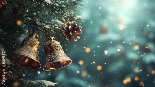 Snowy Gold Sleigh Bells and Pine Cones Hanging on an Evergreen Branch