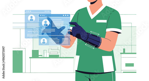 Advanced medical technology a surgeon wearing a futuristic glove interacts with patient data