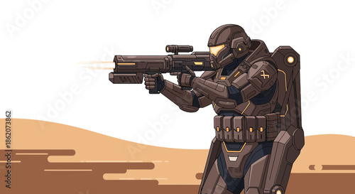 Advanced soldier firing a weapon on an alien landscape, futuristic space warrior in action and