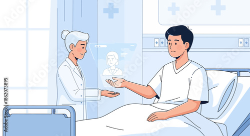 Advancements in patient care illustrated with telehealth and virtual consultations depicted in a