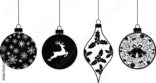 Christmas ornament silhouette set with snowflake balls, reindeer bauble, holly decoration, festive hanging ornaments, holiday decorative elements