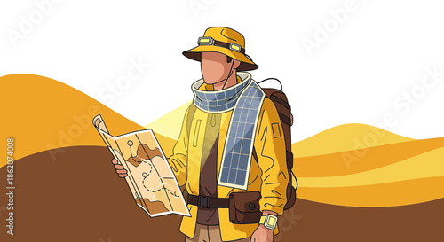 Adventurer with solar scarf navigates desert terrain using detailed treasure map illustration