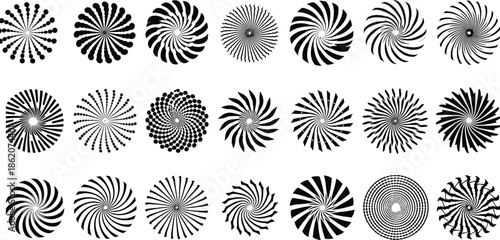 Circular swirl and spiral pattern icons set, radial rotation shapes, abstract geometric design elements, decorative optical illusion symbols, CAD drawing flat vector illustration