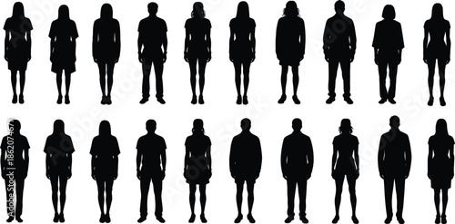 Standing people silhouettes vector set showing men and women front view poses, black modern human character illustration collection for designers