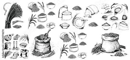 Rice set, bag, wooden bowl, spatula, spoon, handful of rice, wooden bowl. Grains in sack and scoop vector set