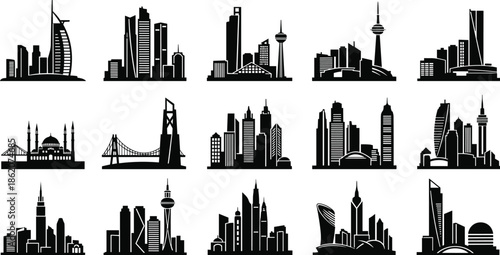 City, skyline, silhouette, famous, architecture, landmark, building, tower, mosque, bridge, global, urban, black, vector, illustration, cad, drawing, flat, design, iconic, structure, travel