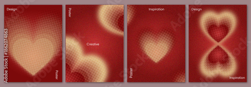 Glowing Blurred Red Heart Halftone Gradient Background Set with Grain Noise and Dithering Effects for Valentine’s Day Greeting Cards, Posters, and Banners