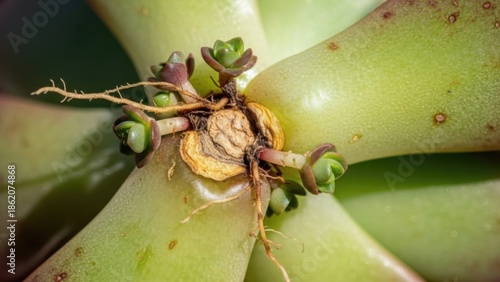 Macro view of a succulent leaf propagating new life, revealing delicate roots and fresh plantlets