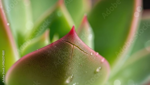 Vibrant succulent leaf with morning dew drops, showcasing intricate textures and a vivid crimson