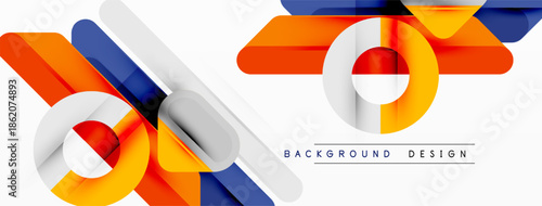 Abstract geometric lines, shapes create modern background. Orange, gray, blue colors dominate design, offering sleek visual appeal.