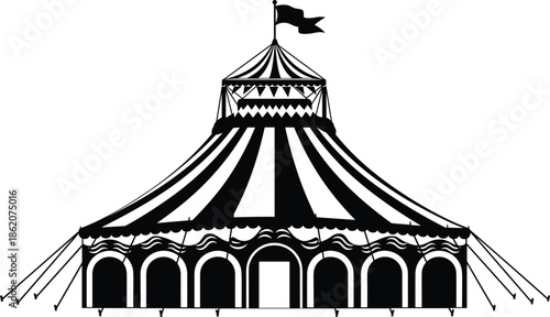 Classic Circus Tent Silhouette, Big Top Entertainment Structure with Stripes and Flag, Carnival, Show, and Performance Vector Graphic Icon Isolated on White Background.