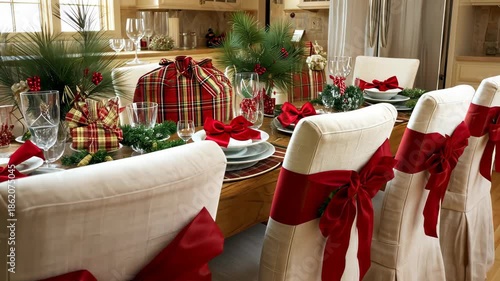 Dining table setup for holiday gathering with decorated chairs and festive decor in a kitchen setting