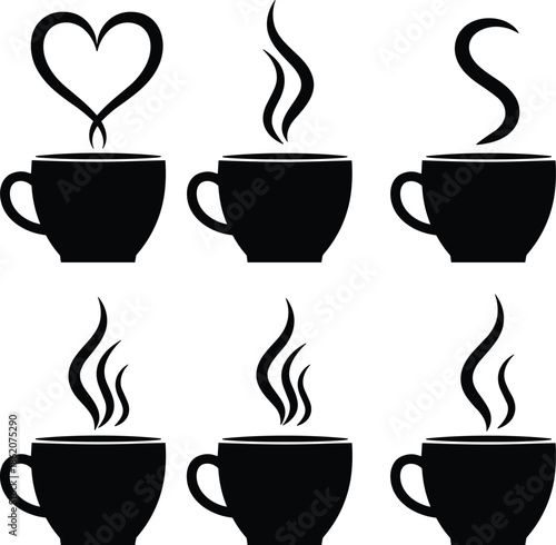 Coffee cup silhouette set, steaming mug icons, hot drink illustration collection, café symbol graphics, warm beverage design elements