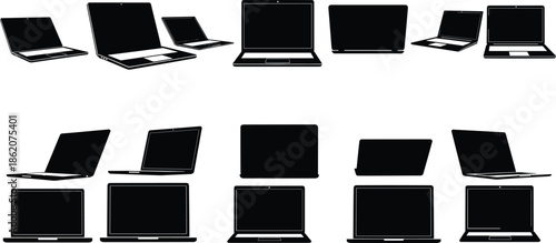 laptop computer silhouettes, notebook pc collection, black vector devices, technology icons, digital workstation set, isolated equipment graphics