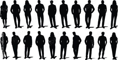 Standing people silhouettes vector set showing men and women in casual poses, black modern crowd character illustration collection for designers