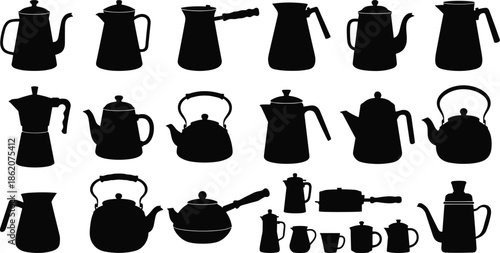 Coffee pot silhouette set, tea kettle vector, mug collection, black kitchen icons, brewing tools, vintage cookware, minimalist design