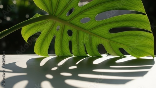 Vibrant Green Monstera Leaf Bathed in Sunlight Creating Captivating Abstract Shadows Indoors
