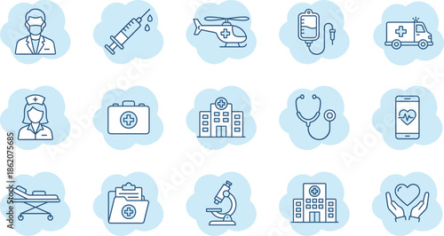 Medical and Healthcare Icon Set Featuring Doctor Nurse Ambulance Hospital Syringe Helicopter Stethoscope Microscope First Aid Kit And Heart Care Symbols