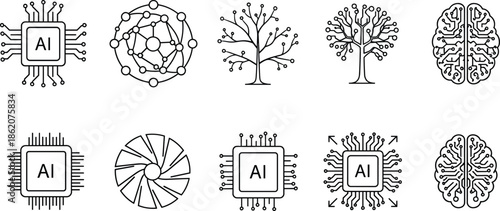Collection of artificial intelligence icons, neural network symbols, AI chip illustrations, digital brain graphics, machine learning concept designs for technology projects