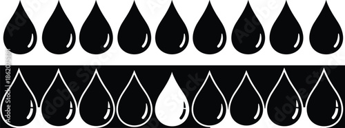water drop silhouette pattern, liquid droplet icons, rain symbol design, black vector set, moisture graphic elements, abstract background