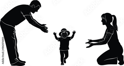 Parents encouraging toddler first steps silhouette, family support, childhood development, mother father care, parenting love, bonding moment, nurturing growth, illustration