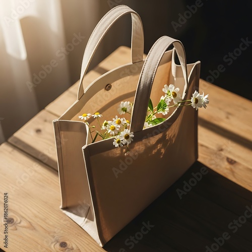 Beige Tote Bag with Daisies on Wooden Table in Natural Light.