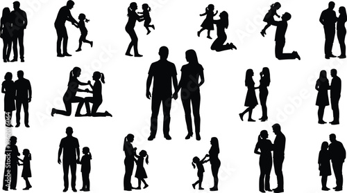 Family silhouette set showing parents and children bonding, love, parenting moments, motherhood, fatherhood, relationships, togetherness, care, unity, support,
