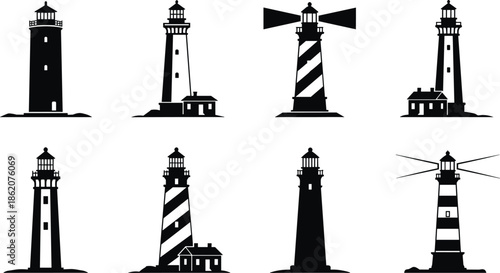 lighthouse silhouette collection, coastal navigation towers, maritime beacon icons, seaside safety symbols, black vector set, ocean guide graphics