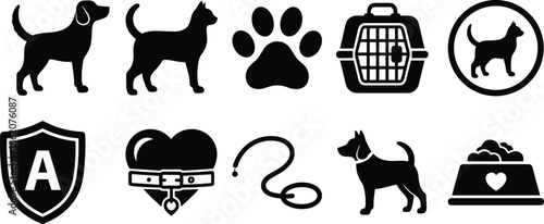 Collection of Black and White Pet Icons, Vector Silhouettes of Dog, Cat, Paw Print, Carrier, Leash, and Food Bowl for Veterinary Design.