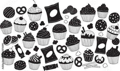 Collection of hand drawn cupcakes with various toppings and decorations