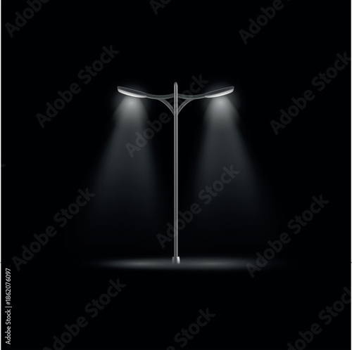 Glowing solar street lamp at night with vast empty dark sky surrounding, highlighting sustainable urban lighting, renewable energy concept, futuristic eco-friendly cityscape and illumination design