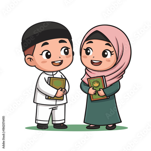 Cute Muslim Boy and Girl Cartoon Characters Holding Holy Quran 3