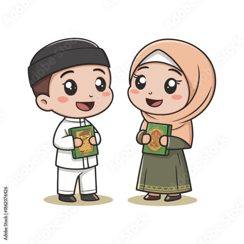 Cute Muslim Boy and Girl Cartoon Characters Holding Holy Quran 2