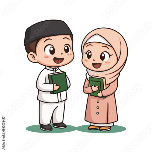 Cute Muslim Boy and Girl Cartoon Characters Holding Holy Quran