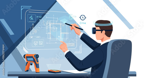 Architect using augmented reality to design a new building using modern technology features