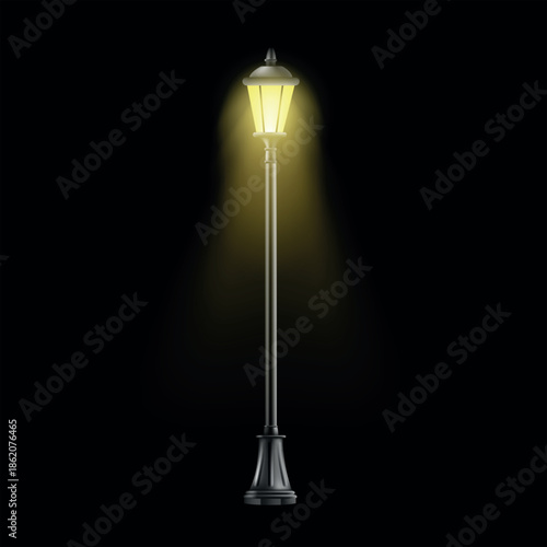 Glowing solar street lamp at night with vast empty dark sky surrounding, highlighting sustainable urban lighting, renewable energy concept, futuristic eco-friendly cityscape and illumination design