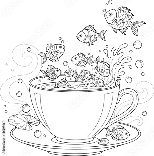 Black-and-white line art teacup filled with floating fish surreal whimsical detailed coloring page illustration fantasy